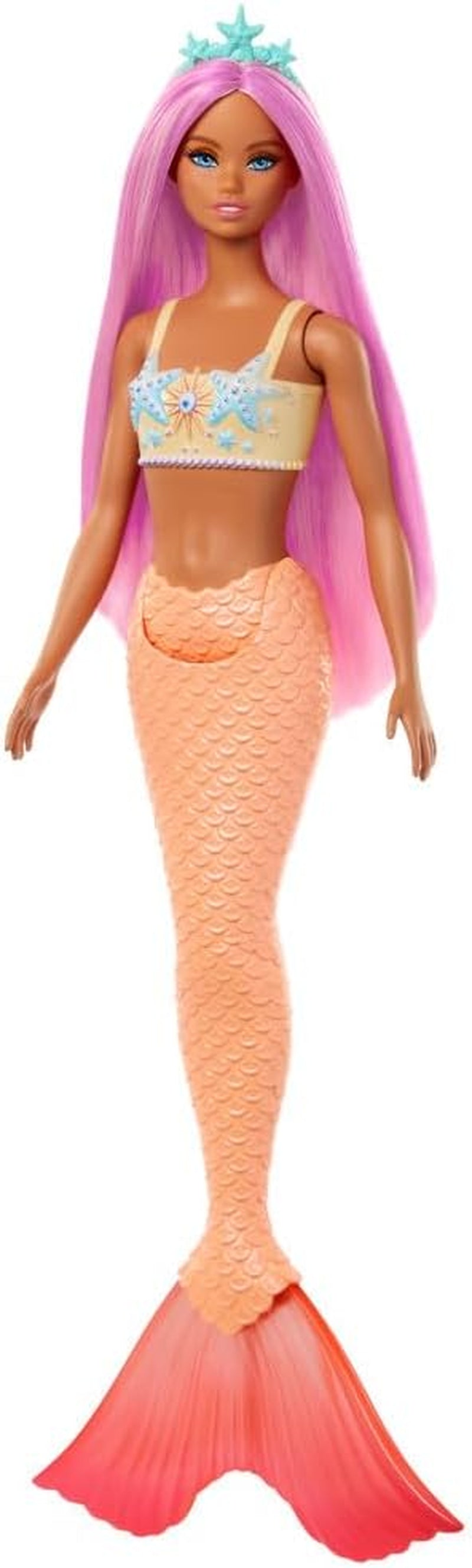 Panenka Barbie Mořská víla s růžovými a šeříkovými efektními vlasy a čelenkou, mušlí a levandulová panenka s modrou ocasní ploutví, HRR06 Naty Shop Dolls Mořská panna s oranžovou ploutví