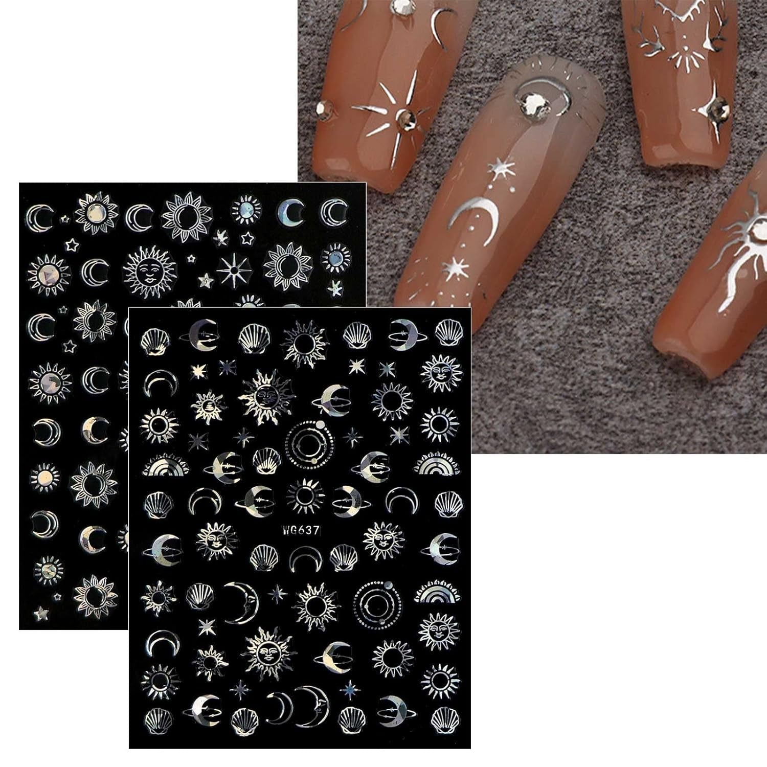 JMEOWIO Nálepka na nehty Mond Stern Sonne 10 Blatt Nálepka na nehty Selbtklebend Nagelaufkleber Bunt Dekoration Nageldesign Zubehör