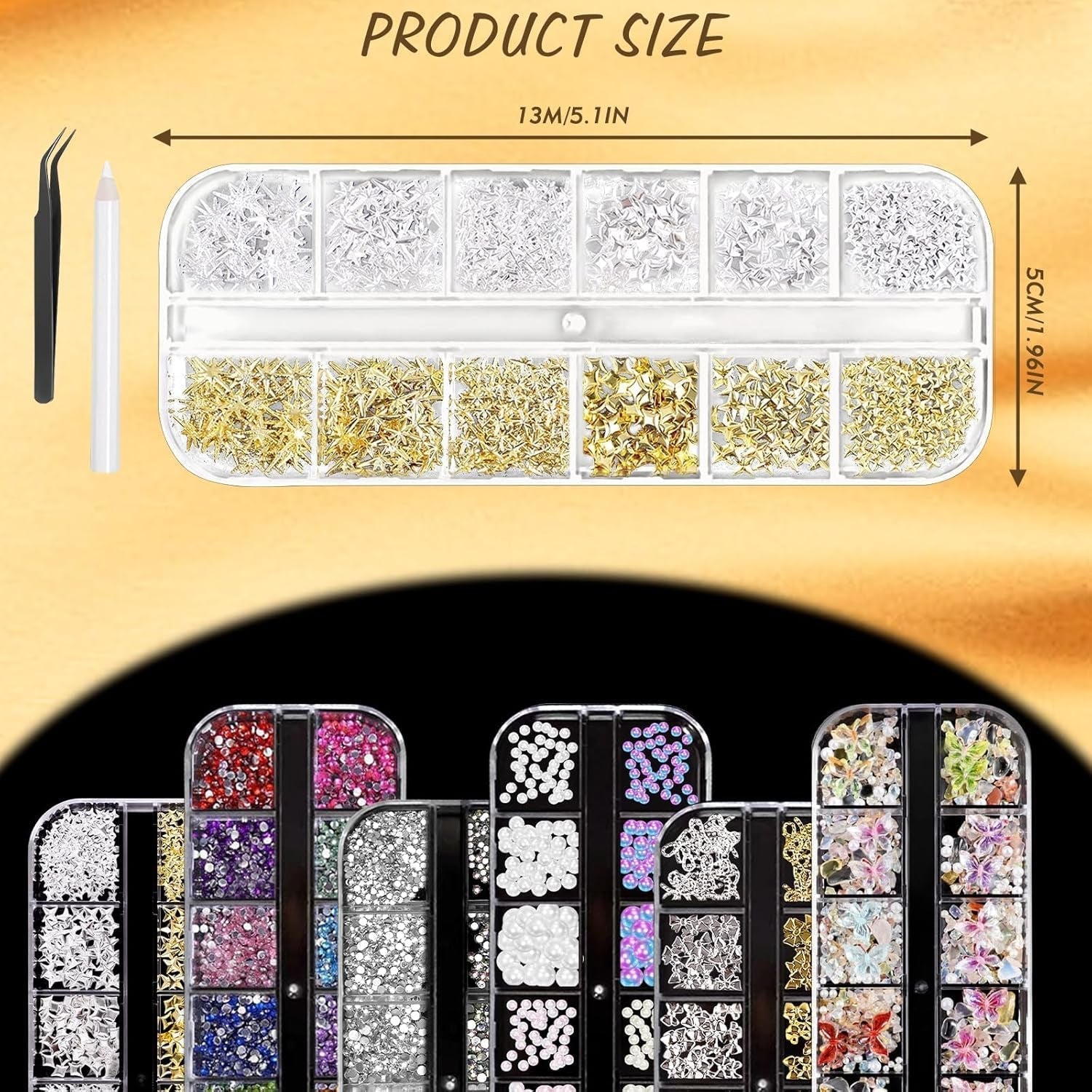 Nail Charms,6 Boxen Gold Silver Nagel Charms 3D Gold Bogen Stern Art Dekoration+6200 Strassstein ​​Bunt Steine ​​​​AB Perlen Diamanten, 3D Legierung Bow Nail Gems Nagel Deko Für Frauen Nagel (6-A)