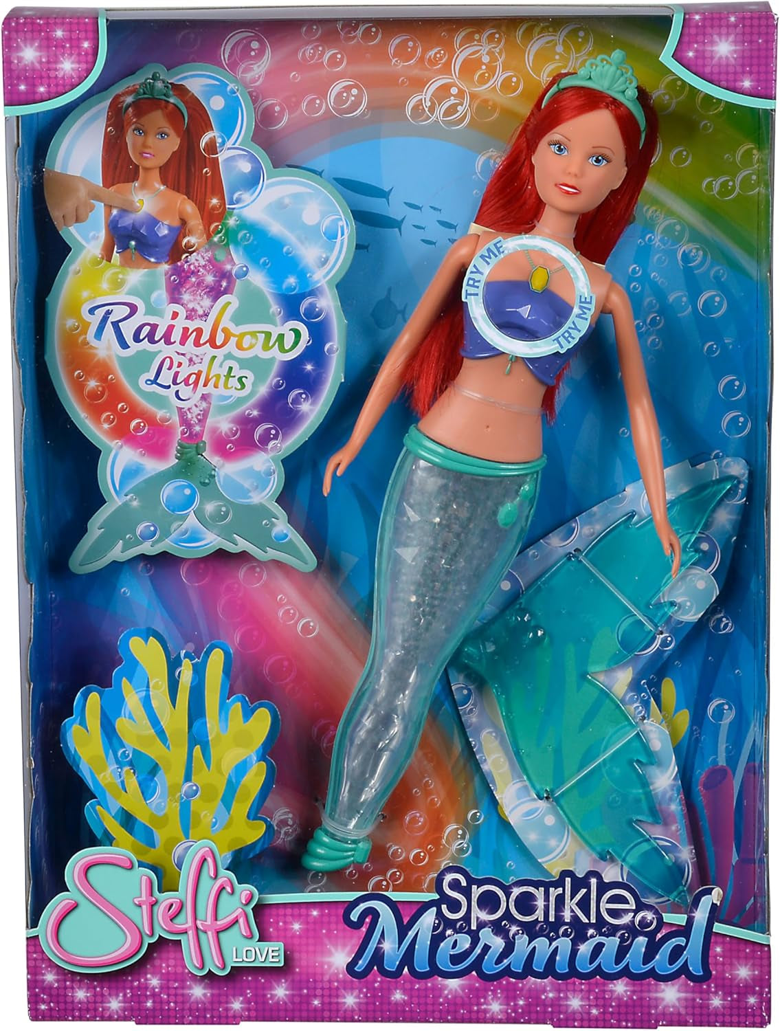 Simba 105733656 - Sparkling Mořská panenka Steffi Love (39 cm) - Svítící mořská panna měnící barvu Luminous Rainbow Vodotěsná hračka pro děti od 3 let