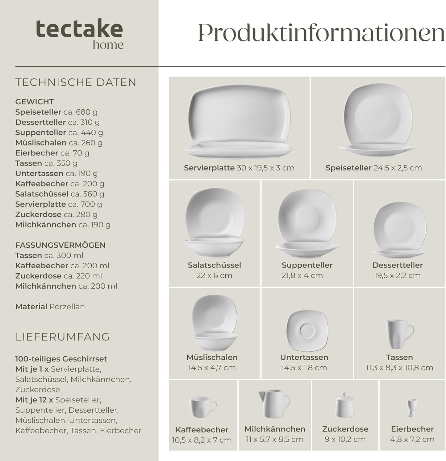 tectake® Sada nádobí pro 12 osob, 100dílná sada porcelánového nádobí, včetně 12 talířů, 12 dezertních talířů, 12 talířů na večeři, 12 šálků, 12 misek na cereálie, misky na salát, džbán na mléko, cukřenka