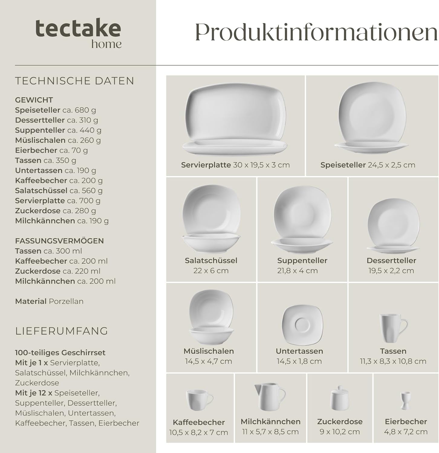 tectake® Sada nádobí pro 12 osob, 100dílná sada porcelánového nádobí, včetně 12 talířů, 12 dezertních talířů, 12 talířů na večeři, 12 šálků, 12 misek na cereálie, misky na salát, džbán na mléko, cukřenka