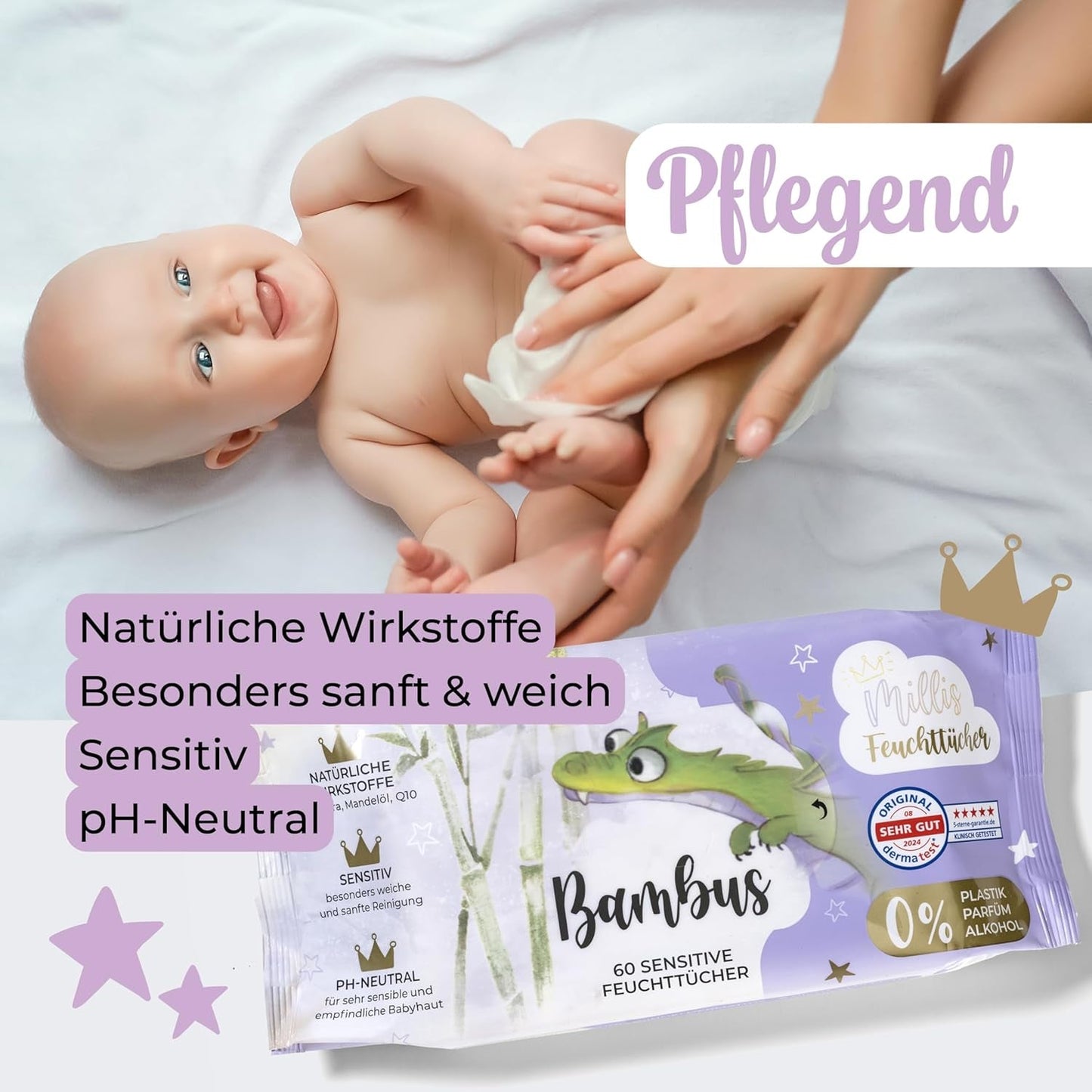 Millis Bamboo Baby Sensitive vlhčené ubrousky pro jemnou dětskou pokožku - 5 x 60 kusů - Přírodní, šetrné a udržitelné čištění - Biologicky odbouratelné dětské ubrousky, bez plastů a alkoholu