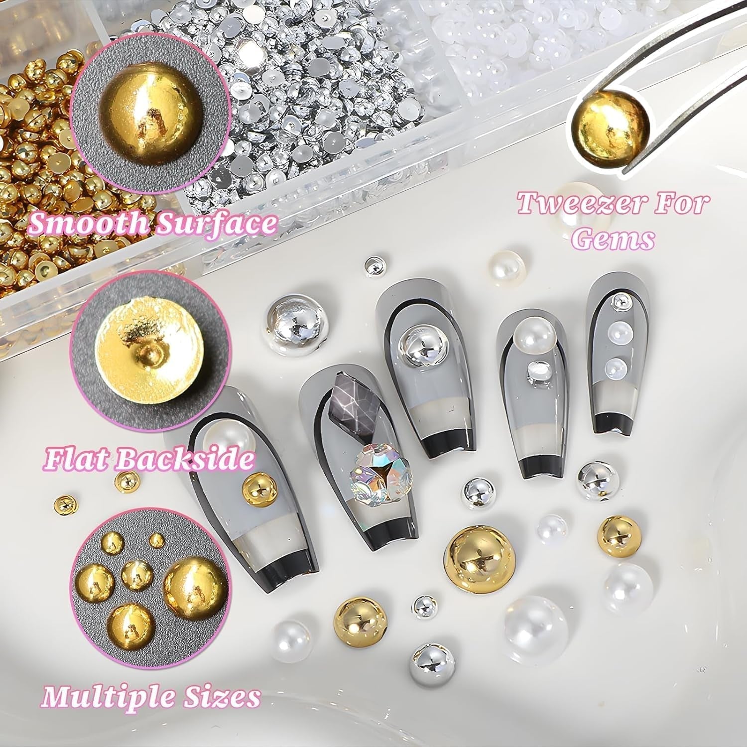 GZMAYUEN 920Pcs Zlatá Stříbrná Perlen s plochým zády pro nehty, Halbrunde Weiße Beige Perlen na nehty, Kleine Halbrunde Perlen s plochým zadním dílem Für DIY Nail Art Decor