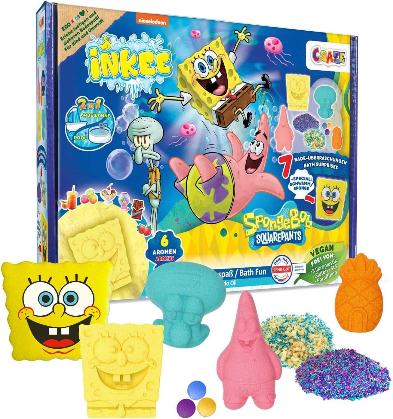INKEE Spongebob Surprise Kids Bath Bomba SpongeBob SquarePants Sběratelská sada 80 gramů Naty Shop Sponge Bob sada do koupele pro děti