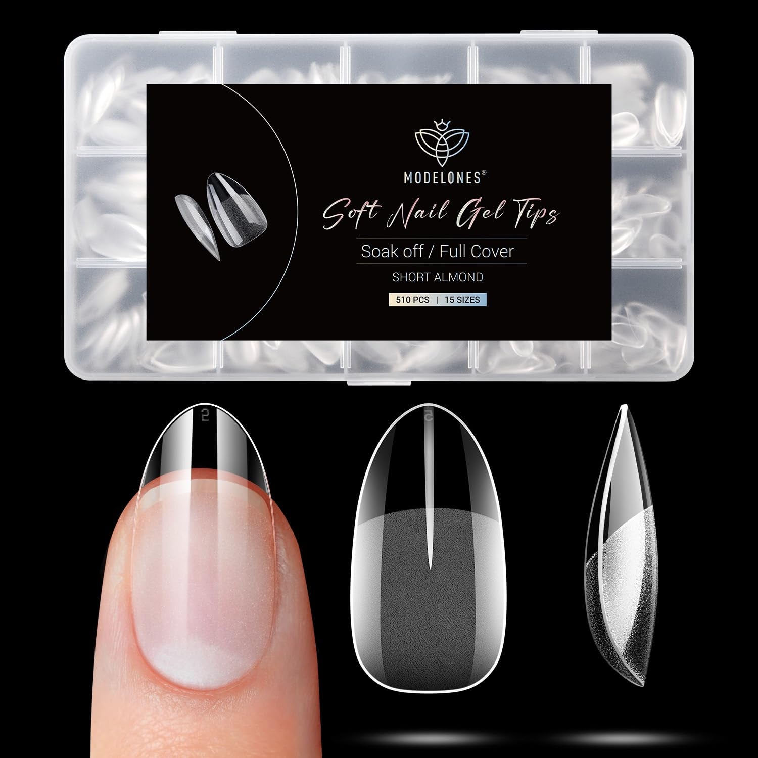 Modelones Nail Tips 510 kusů – sada nehtových špiček s úplným krytem, ​​sada gelových špiček, předleštění špiček na nehty s PMMA pryskyřicí, umělé nehty pro lepení nail art DIY, krátký squoval