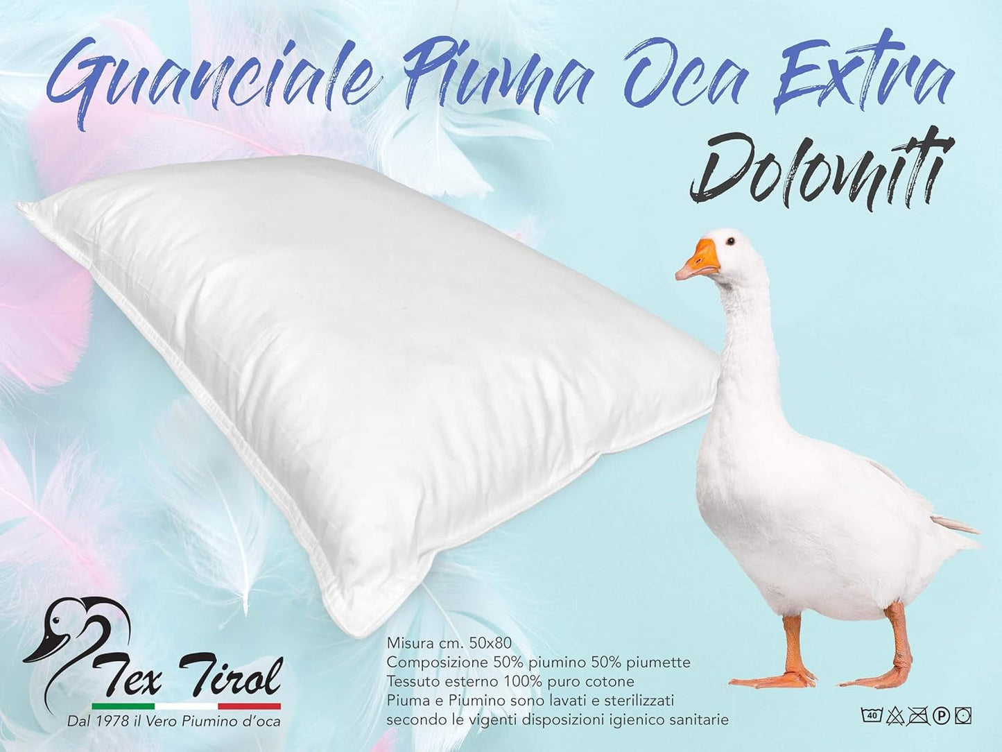Polštář Dolomiti Tex Tirol, prachové peří, husí peří standardní polštáře Naty Shop