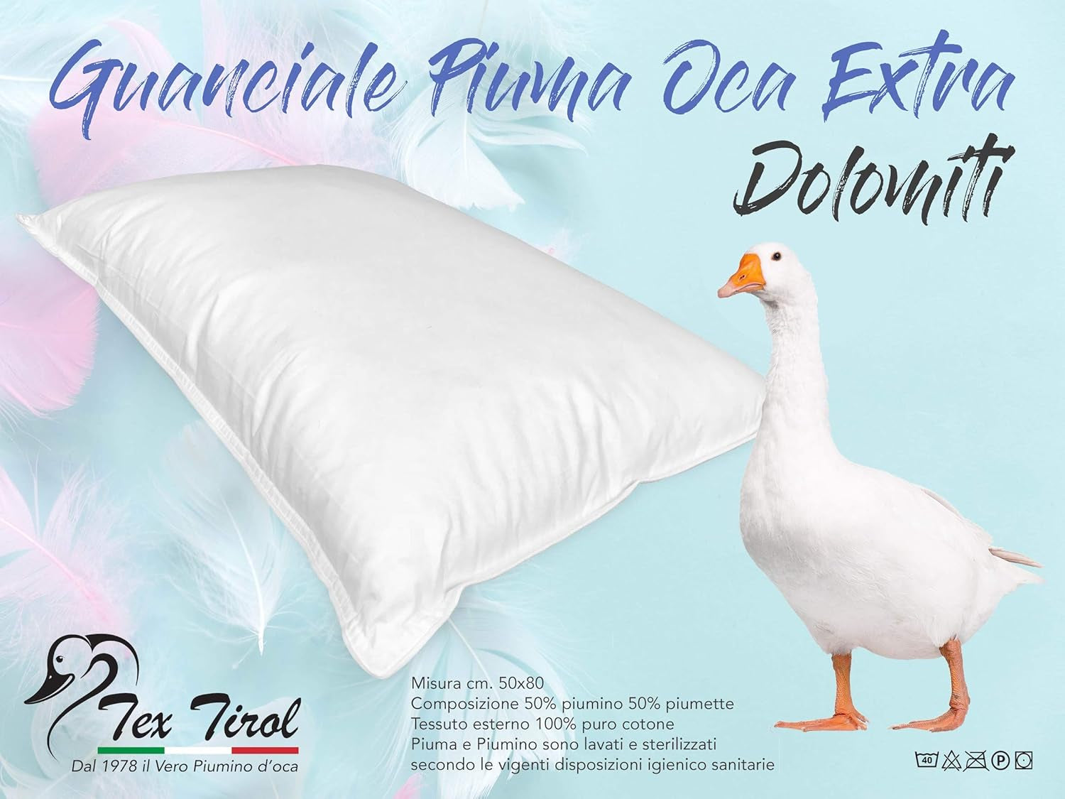 Polštář Dolomiti Tex Tirol, prachové peří, husí peří standardní polštáře Naty Shop