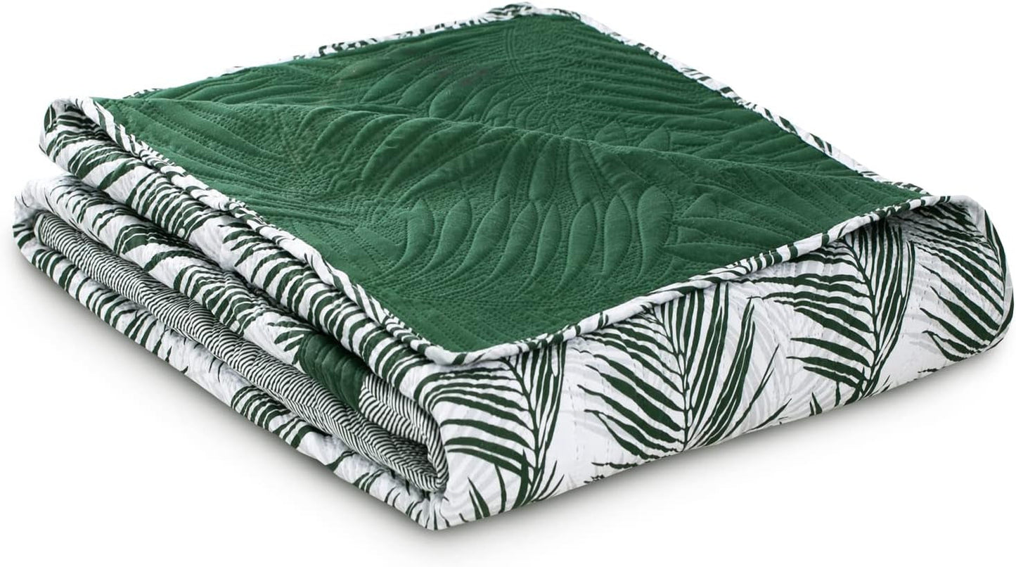 Ameliahome Přehoz na postel Přehoz na postel 170X210 Cm Oboustranný Přehoz na postel se snadnou údržbou Vzor rostlin Zelená Bílá Tropické Postele Bonaire a přikrývky Besuche den AmeliaHome-Store