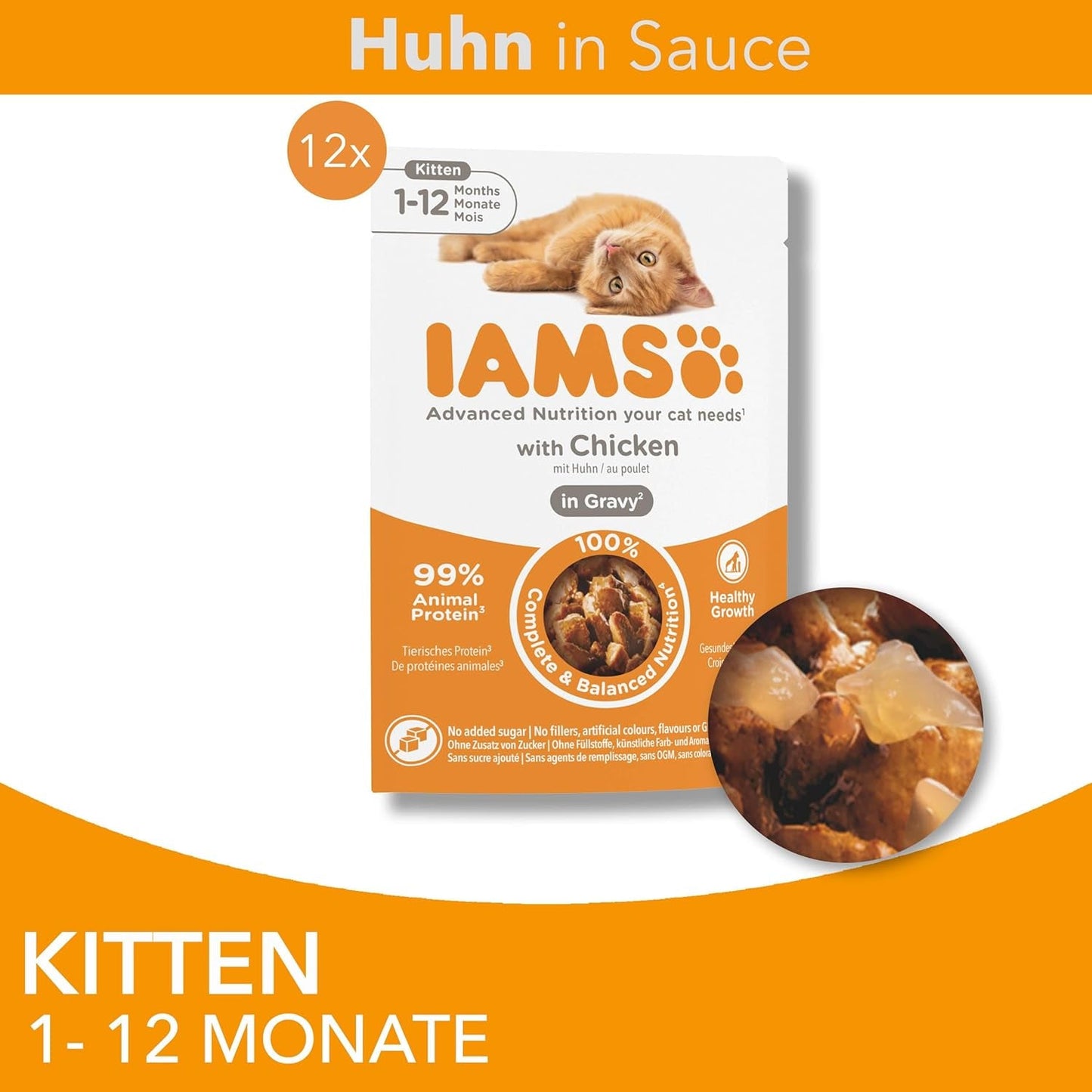 IAMS Delights Kitten Nassfutter - Multipack Katzenfutter mit Hunn in Sauce, vysoce kvalitní Futter für Junior Kätzchen von 1-12 Monate, 12 x 85 g