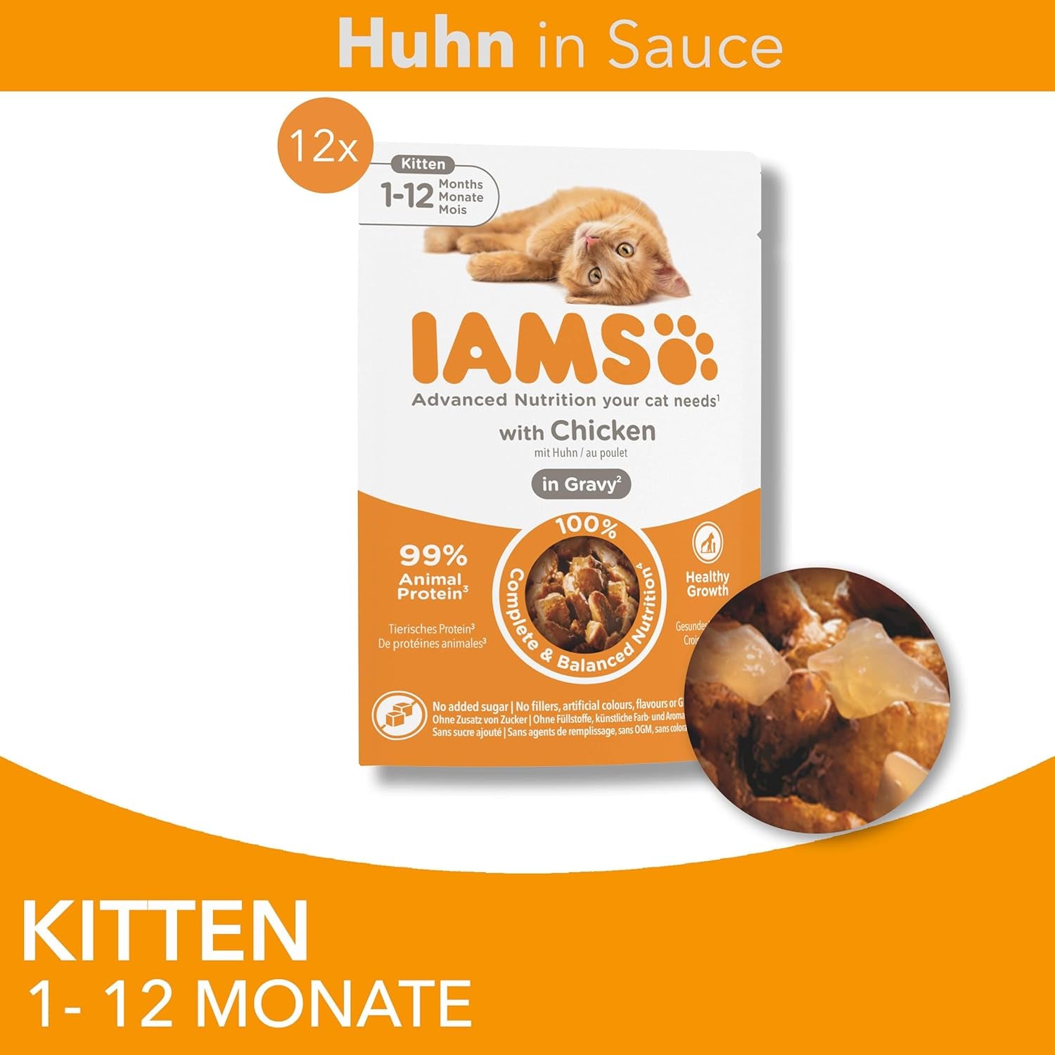IAMS Delights Kitten Nassfutter - Multipack Katzenfutter mit Hunn in Sauce, vysoce kvalitní Futter für Junior Kätzchen von 1-12 Monate, 12 x 85 g