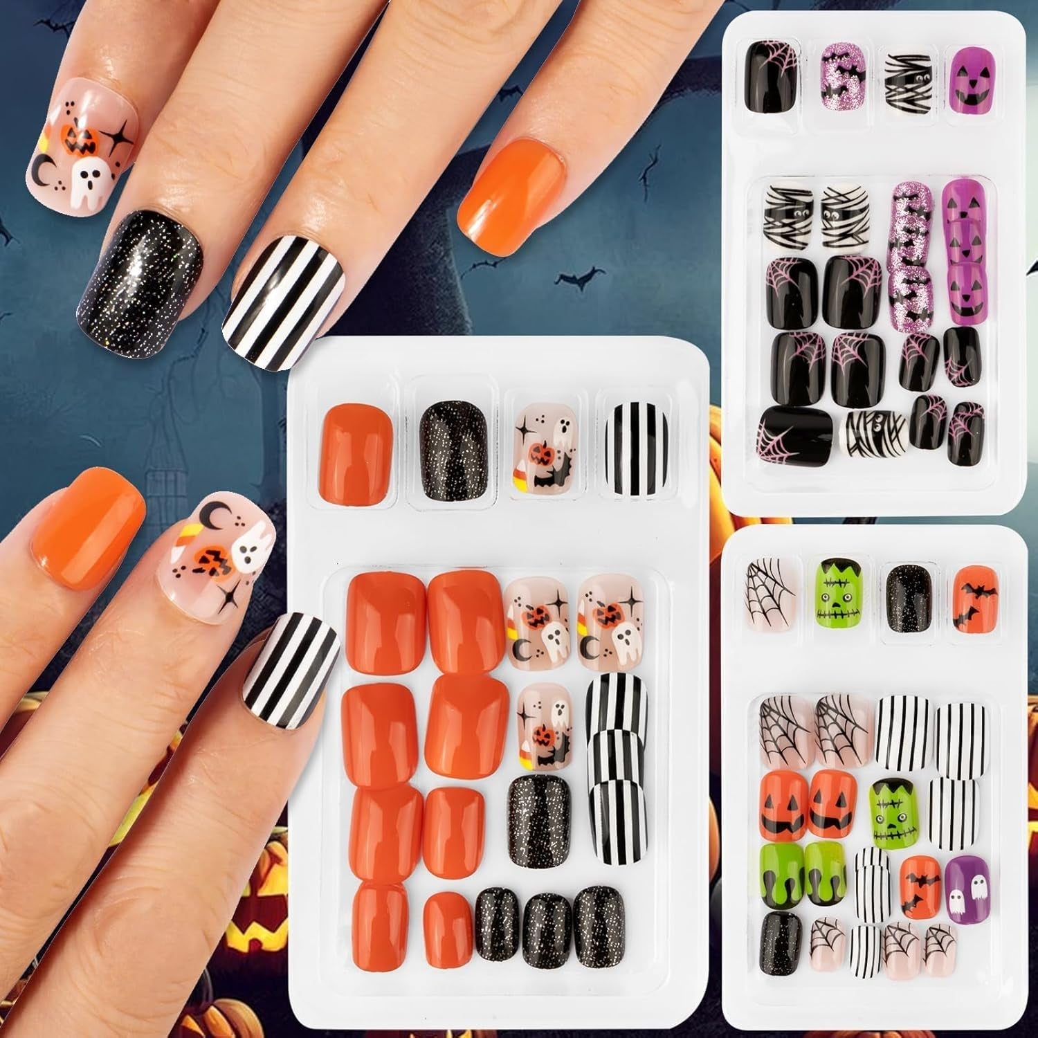72 ks Halloweenské nehty Samolepící falešné nehty Krátké umělé nehty Samolepící lisované nehty Tipy na umělé nehty Dýňový duch Nail Art Oranžová Zelená Černá