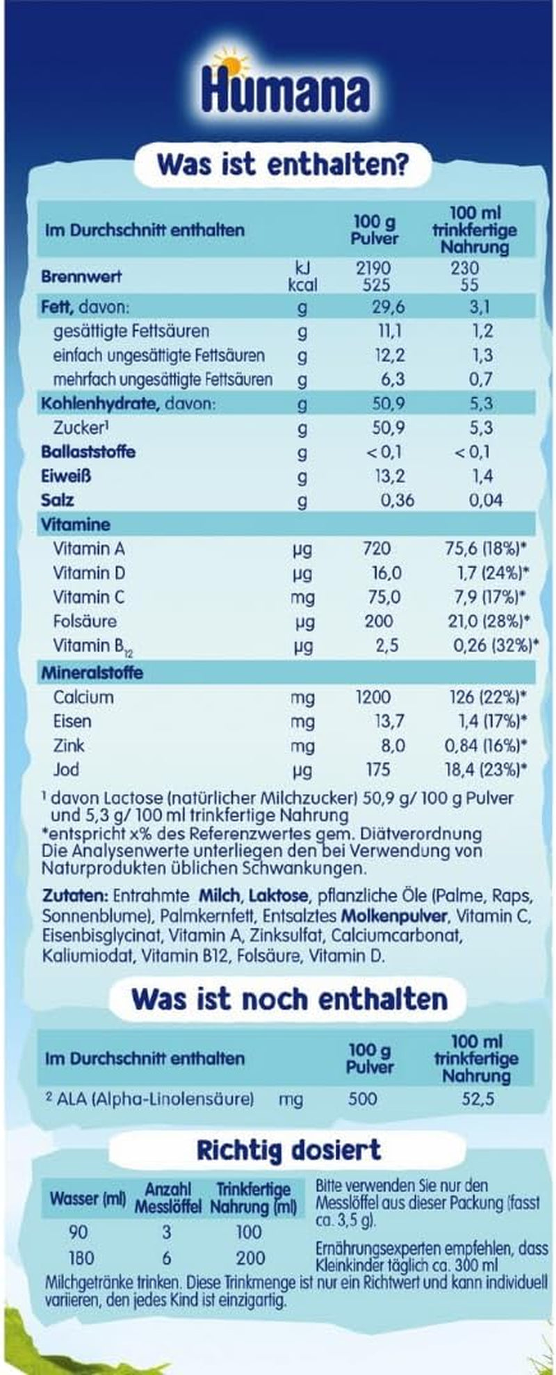 Humana Kindergetränk 1+, ab 1 Jahr, Milchpulver für Kindermilch, nährstoffreiche Milch für Kleinkinder, als gelegentliches Milchgetränk nebo zur Mahlzeit, 650 g