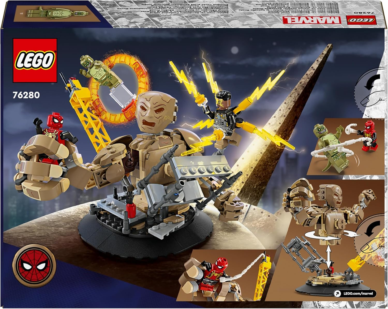 LEGO Marvel Spider-Man vs. Hračka Sandman: Showdown Superhrdina s figurkami včetně ještěrky a elektro Hračka na hraní rolí Dárek pro akční nadšence pro chlapce a dívky 76280 Stavebnice Besuche den LEGO-Store
