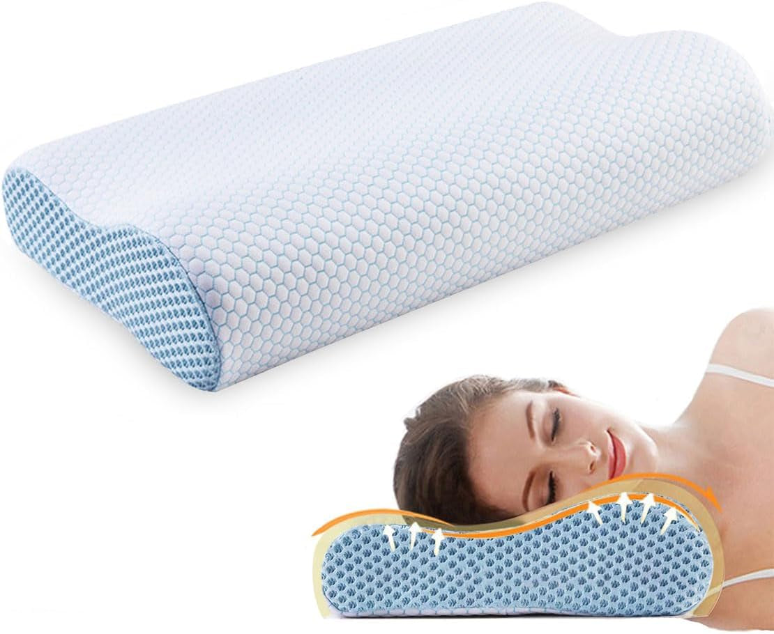 Polštář z paměťové pěny, Polštář na podporu krku, Ergonomický polštář na krk pro různé polohy spaní s odnímatelným potahem Krční ortopedické polštáře Naty Shop Modrá a bílá