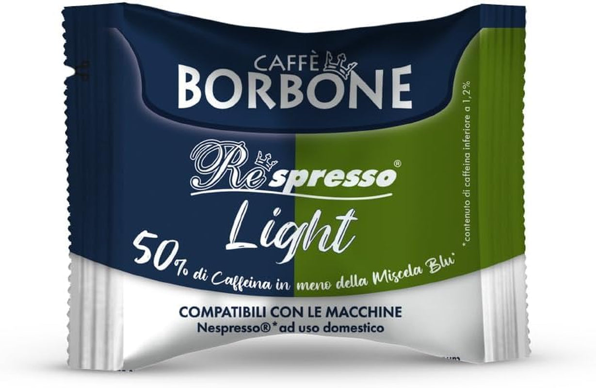 Caffè Borbone Respresso, lehká kávová směs, 50 % Weniger Kaffein als die Blue Mischung - 50 Kapseln - Kompatibilní s Nespresso®* Haushalts-Espressomaschinen