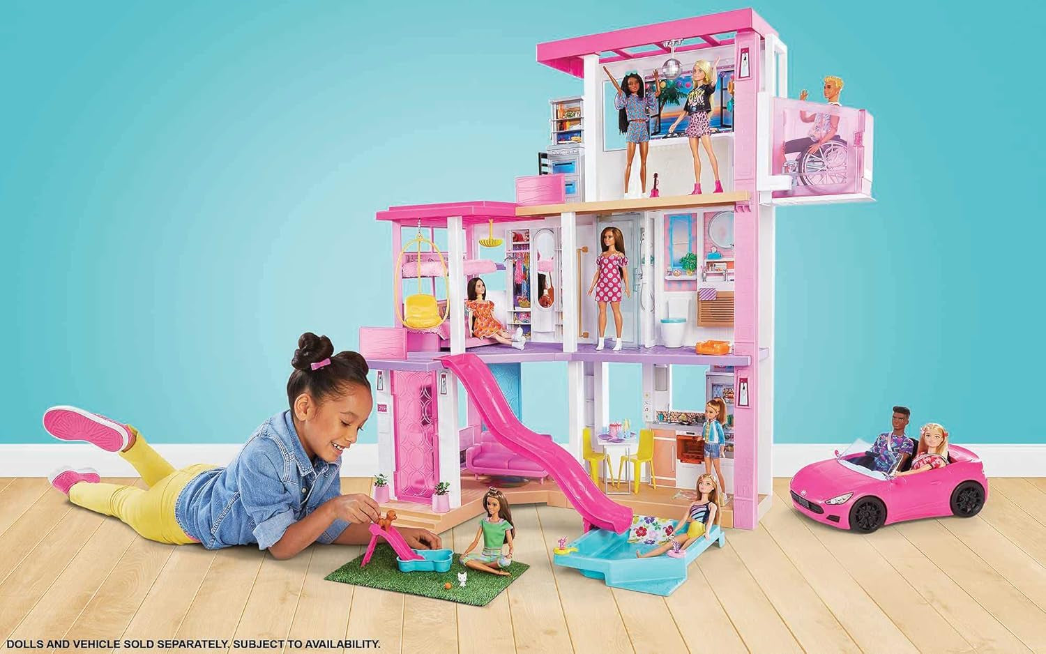 Dům snů Barbie (114 cm), 3patrový domeček pro panenky, bazén, skluzavka, výtah pro invalidní vozíky, 75 doplňků, panenky, vhodné jako dárek pro děti od 3 let, domečky pro panenky Naty Shop GRG93