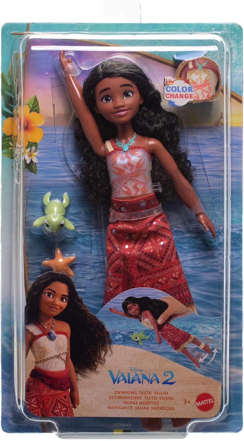 Mattel Toys Disney Moana 2 Tautai Moana plavecká módní panenka se 2 doplňky, vršek měnící barvu a nohy pro plavání Inspirováno filmem JFF09