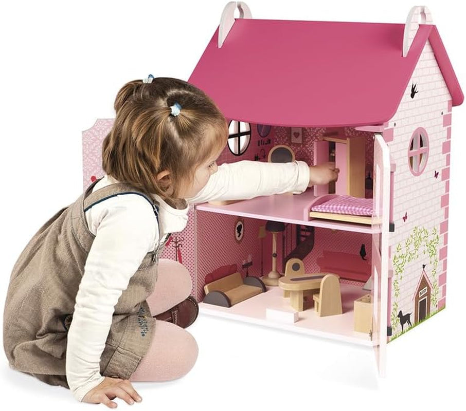 Janod - Dřevěný domeček pro panenky Mademoiselle, 3 patra a 11 doplňků, replika hračky, rozvíjí představivost, věk 3+, J06581, domečky pro panenky Pink Naty Shop