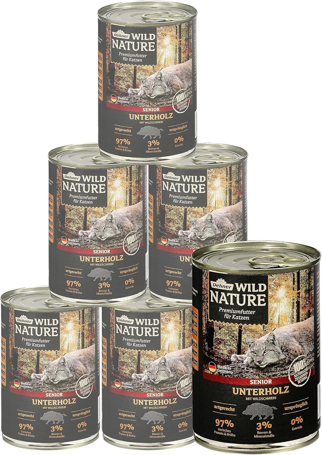Dehner Wild Nature Katzenfutter Unterholz, Nassfutter getreidefrei / zuckerfrei, für ältere Katzen, Wildschwein, 6 x 400 g Dávka, (2,4 kg)