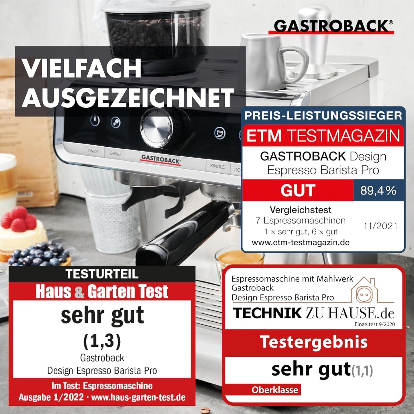 Kávovar GASTROBACK s mlýnkem včetně konvičky na mléko, lis a portafiltr z nerezové oceli - Kávovar Barista s napěňovačem mléka - Kávovar s 30 nastaveními mletí
