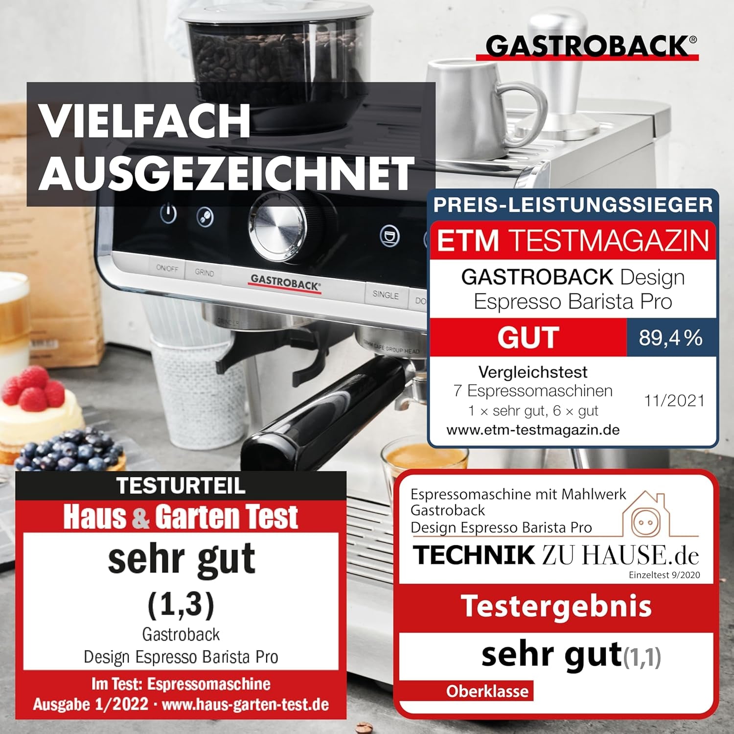 Kávovar GASTROBACK s mlýnkem včetně konvičky na mléko, lis a portafiltr z nerezové oceli - Kávovar Barista s napěňovačem mléka - Kávovar s 30 nastaveními mletí