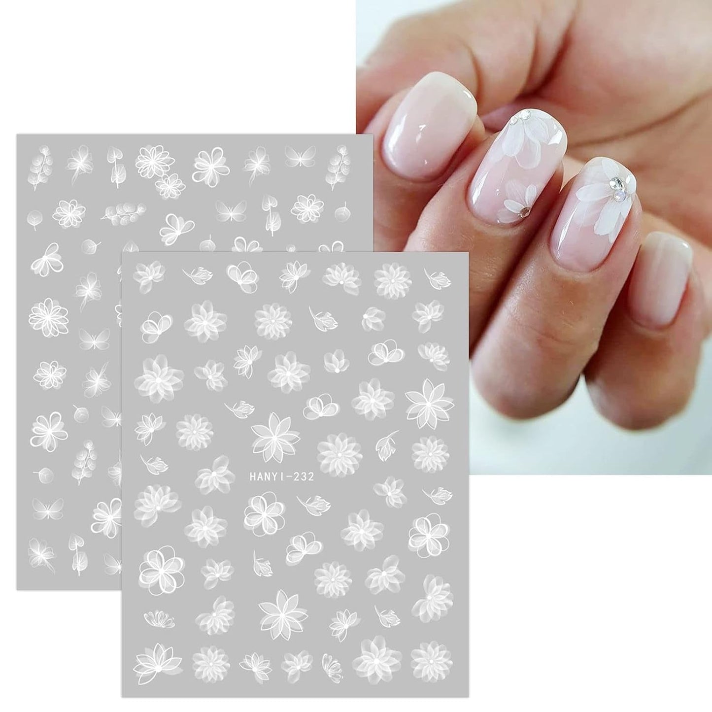 JMEOWIO Nálepka na nehty Frühlings Weiß Blume 12 Blatt Nálepka na nehty Selbtklebend Nagelaufkleber Letní Schmetterling Blumen Blatt Dekoration Nageldesign Zubehör