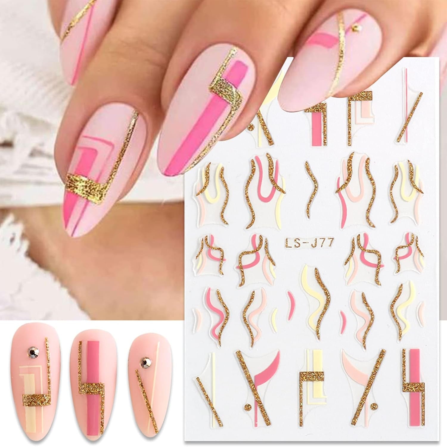 JMEOWIO Nálepka na nehty Französische Tipp 9 Blatt Nálepka na nehty Selbtklebend Nagelaufkleber Glitzer Wellenlinie Dekoration Nageldesign Zubehör