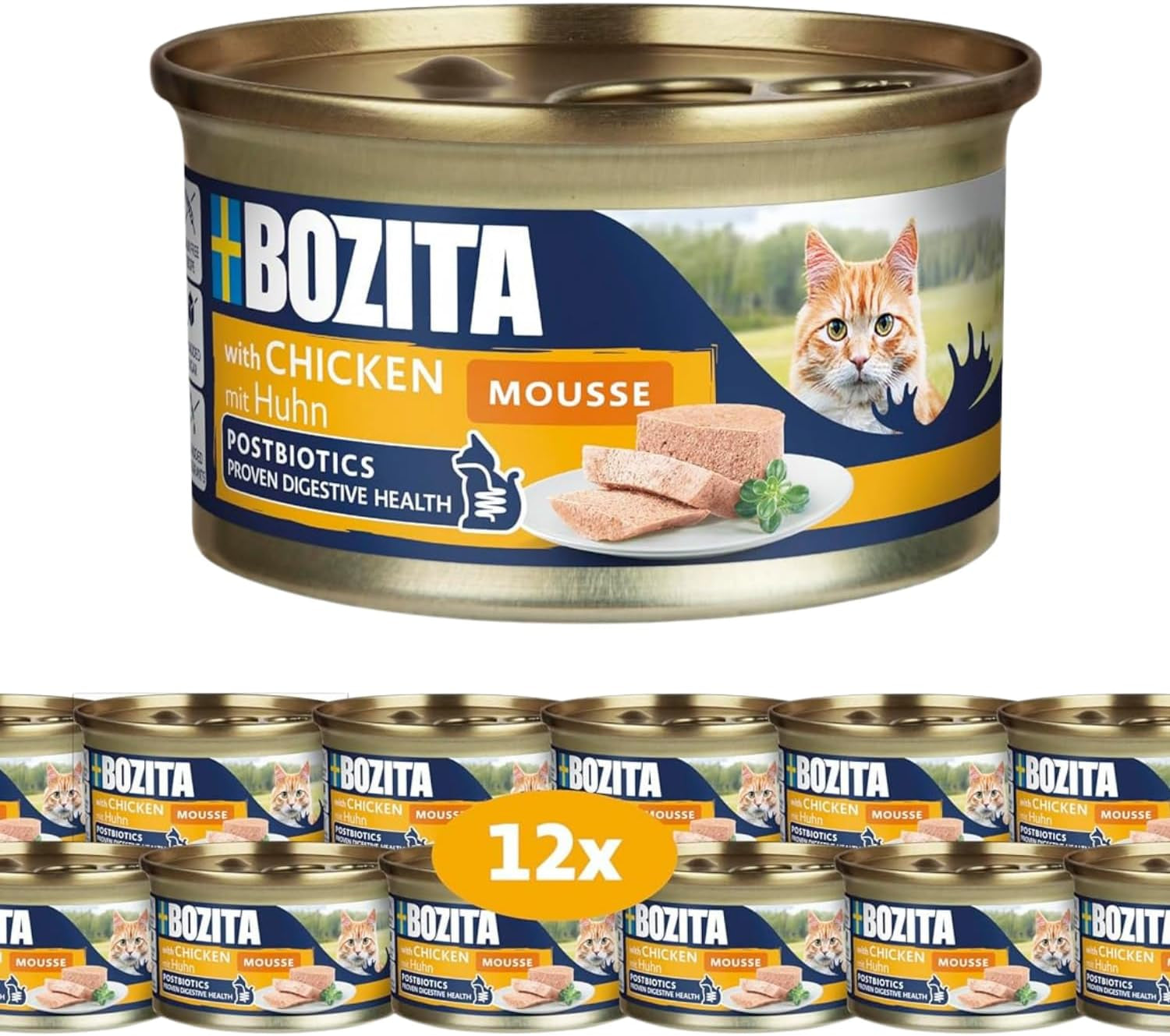 Bozita Mousse Chicken - 12 x 85 g mokré krmivo pro kočky s jemnou texturou pěny a kuřecího masa - receptura bez obilovin, bez přidaného cukru - s postbiotiky pro podporu zdravé střevní flóry
