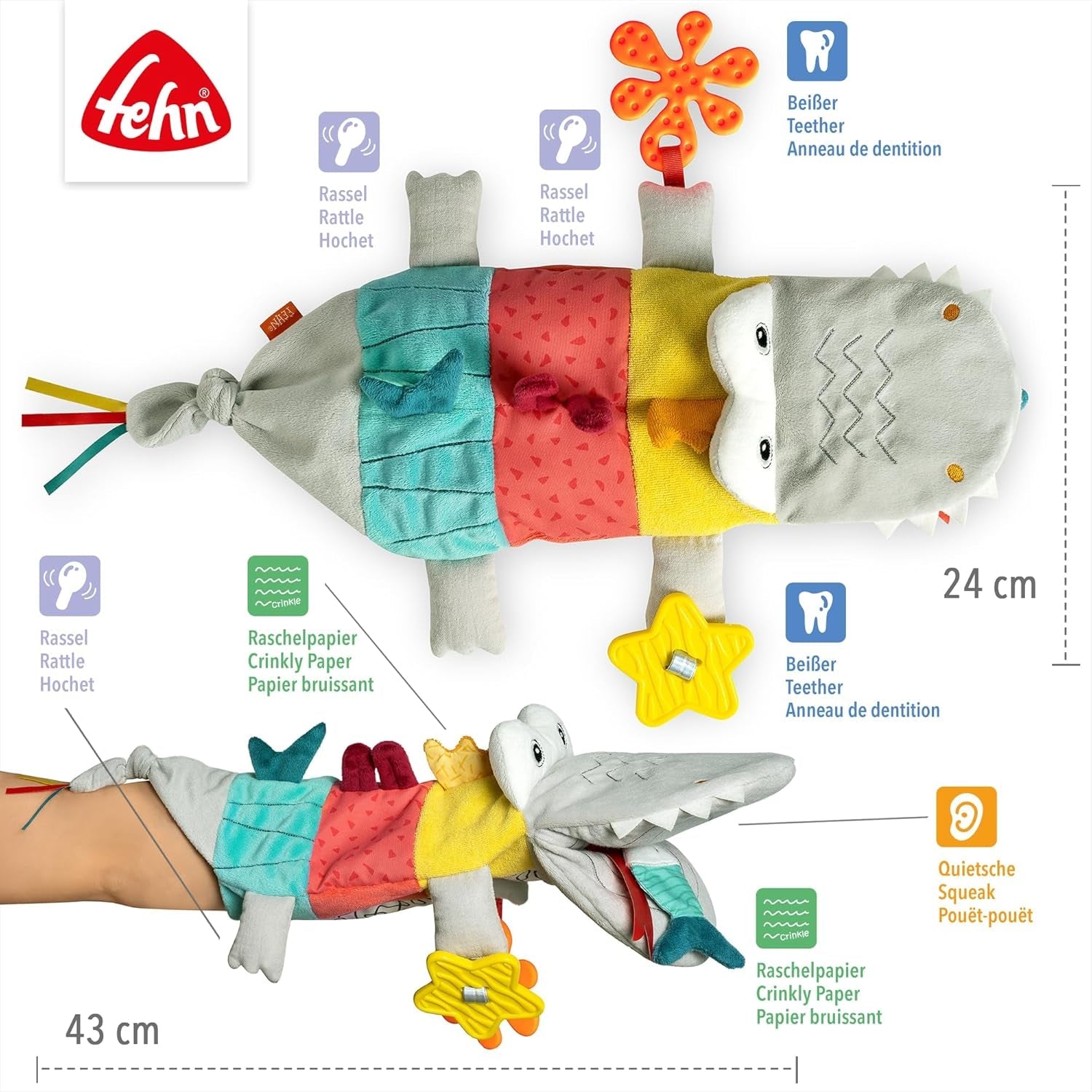Fehn Dětská maňáska Krokodýl - Plyšová hračka s chrastítkem, šustícím papírem, kousátkem a pískadlem - Dětská maňáska - Praskácí hračka pro miminka a batolata Hračky pro miminka od 6 měsíců Naty Shop