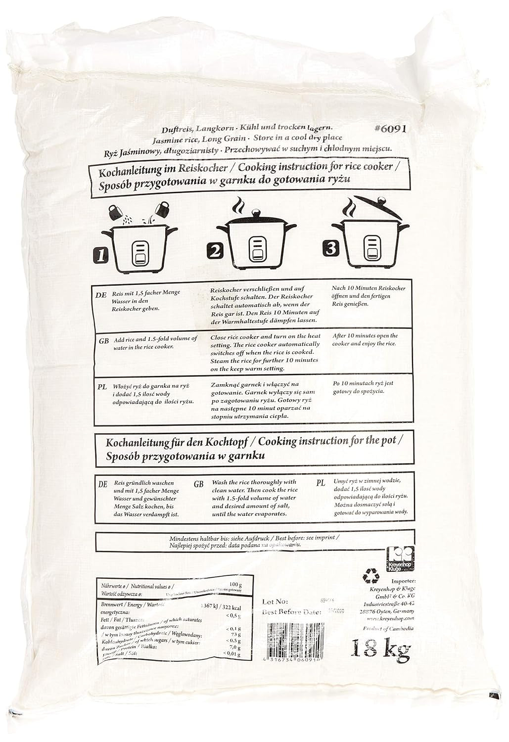 Voňavá rýže/jasmínová, dlouhozrnná, kvalita AAA, 1 balení (1 x 18 kg)