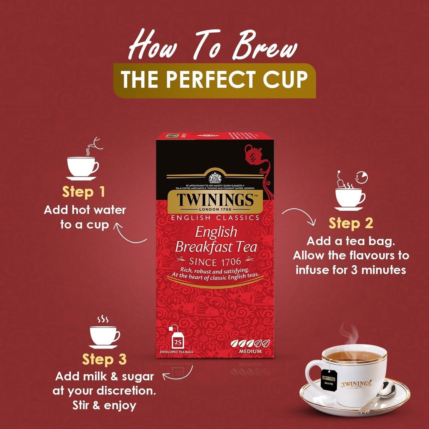Twinings English Breakfast Black Tea 50g, 25 čajových sáčků, plný, kulatý a silný černý čaj z nejlepších čajových plantáží na Srí Lance a Indii. Černý čaj Balení 1 ks (1 x 50 g)