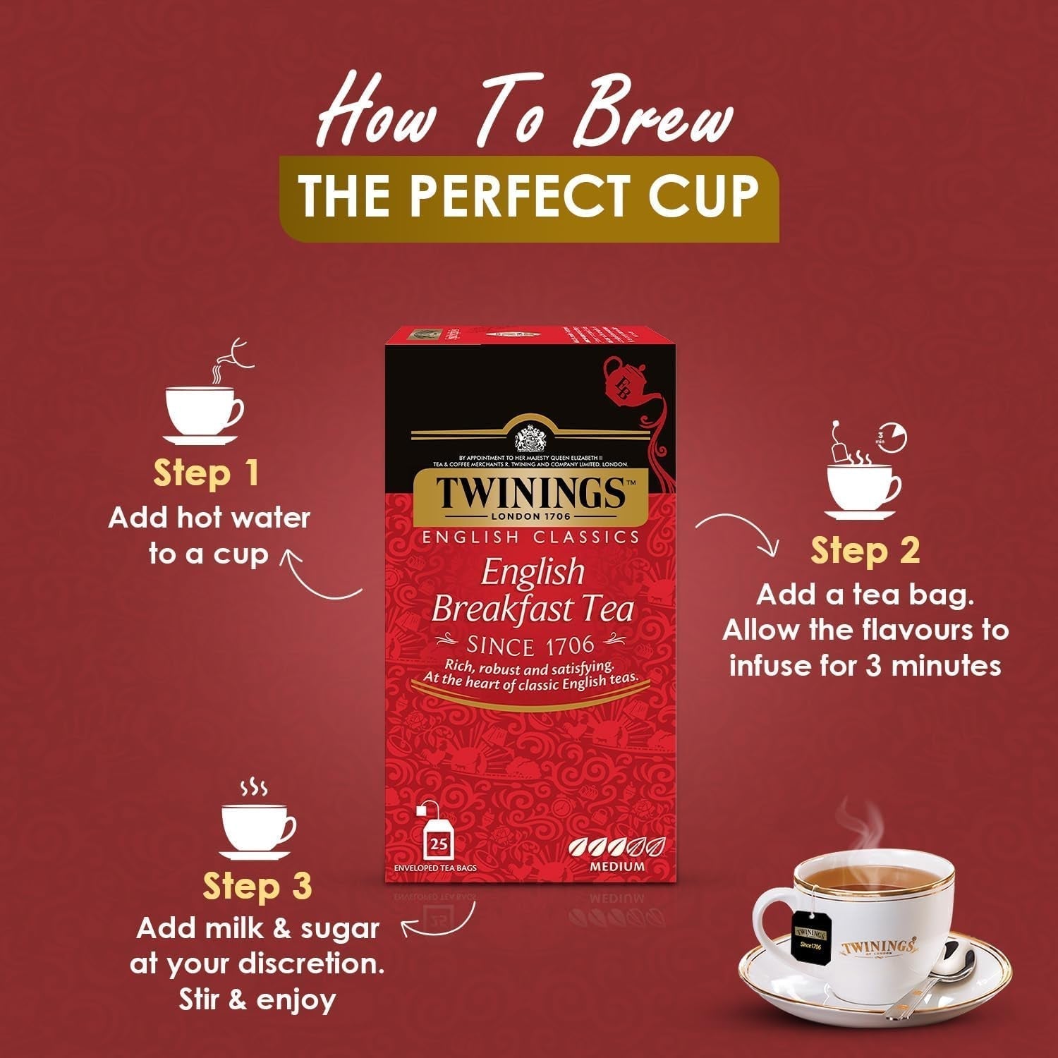 Twinings English Breakfast Black Tea 50g, 25 čajových sáčků, plný, kulatý a silný černý čaj z nejlepších čajových plantáží na Srí Lance a Indii. Černý čaj Balení 1 ks (1 x 50 g)