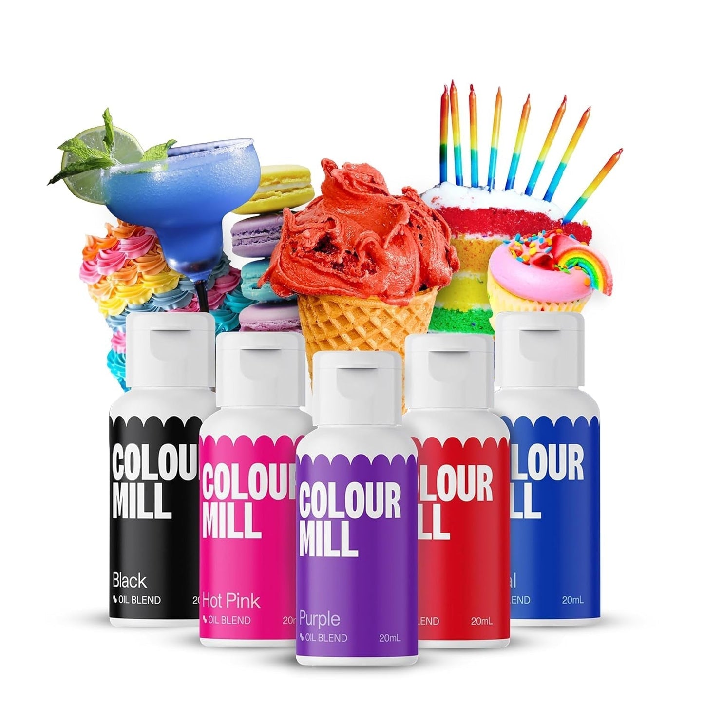 Color Mill Liquid Food Coloring Set - 5 x 20 ml na olejové bázi (černá, růžová, fialová, červená a modrá) - odolná proti UV záření - ideální na pečení a jako poleva na dorty, muffiny a ozdoby dortů