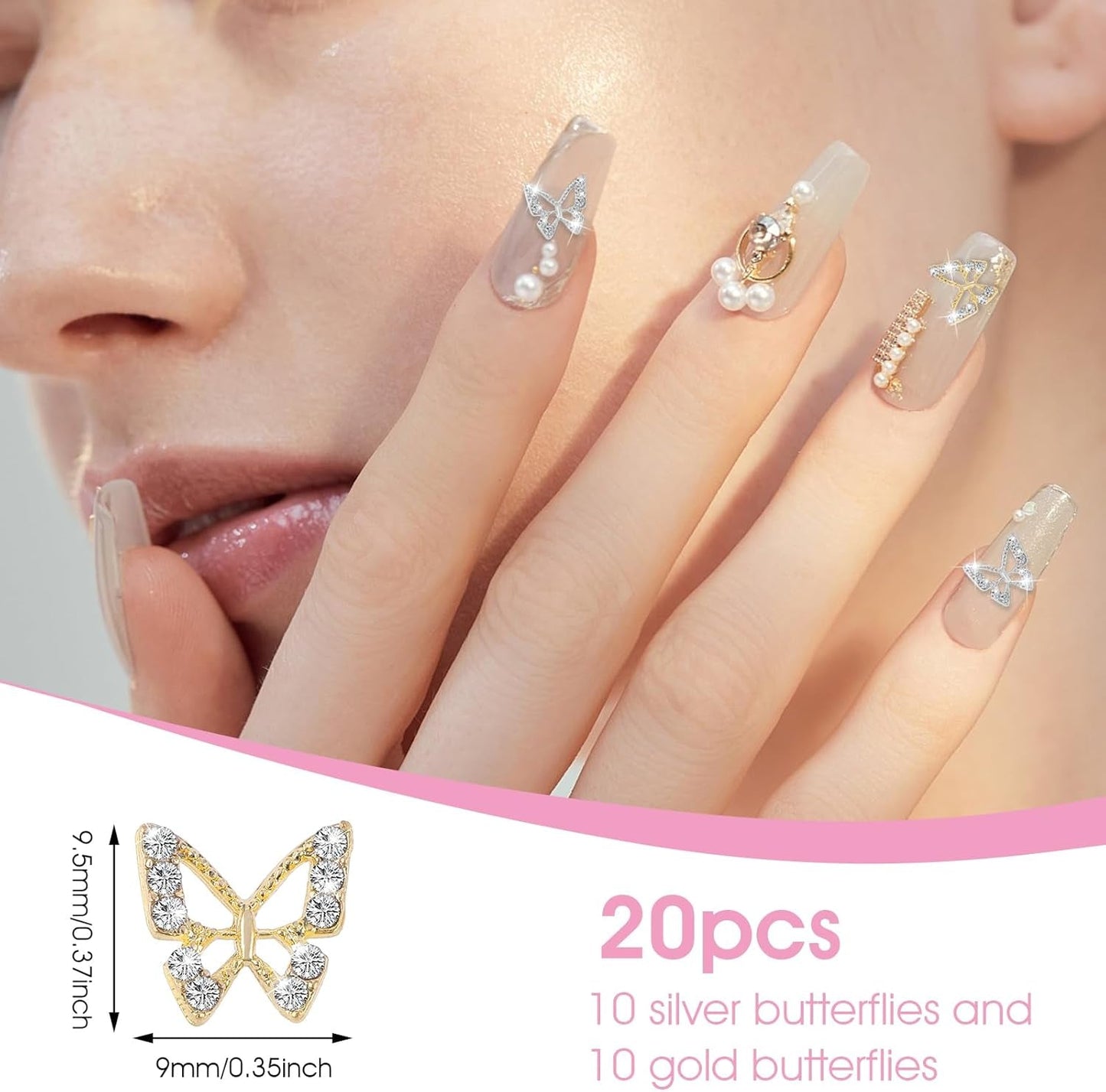 20ks Glitter Butterfly Nail Charms, Nail Art Kamínky, Nail Stones, Butterfly Nail Art, Kamínky, Valentýnské přívěsky na nehty, DIY dekorace na pouzdro na mobilní telefon