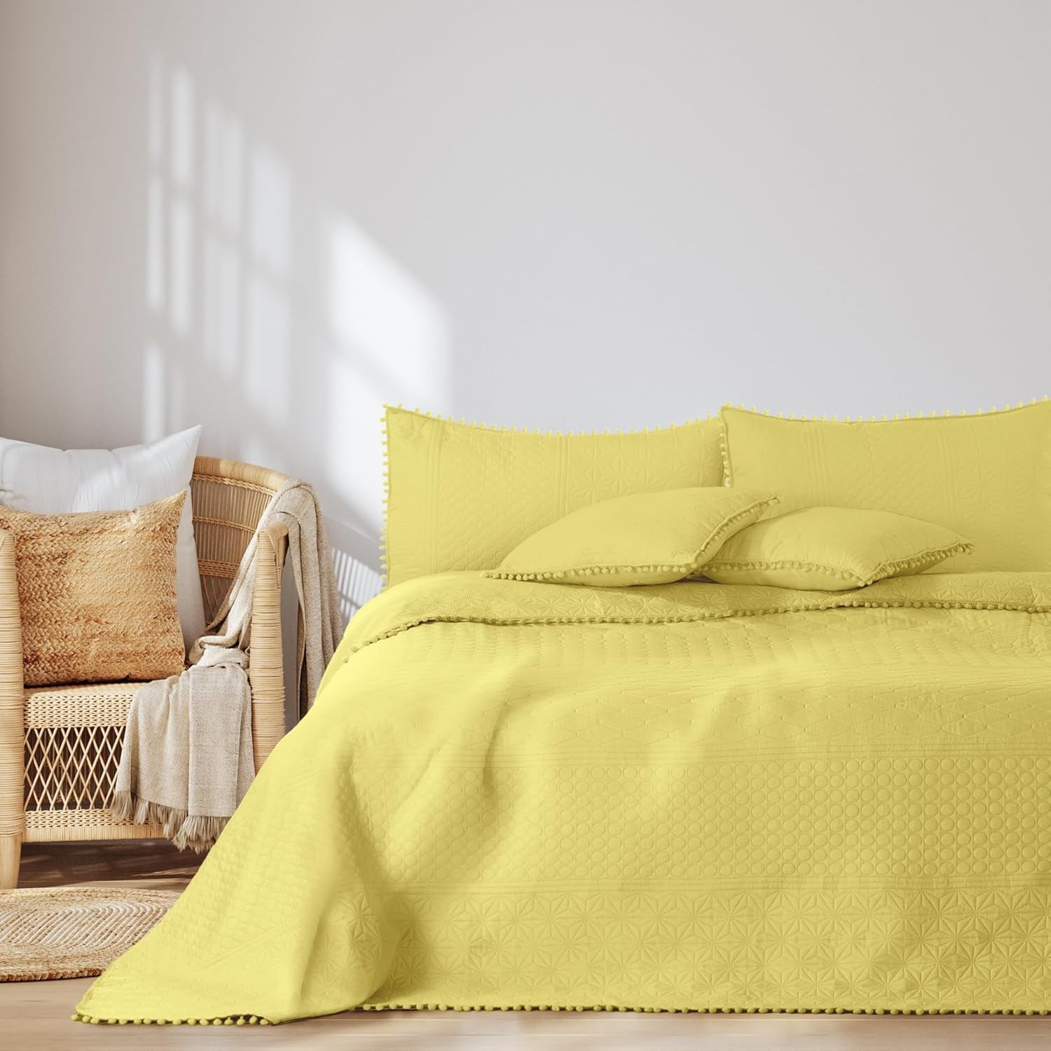 Ameliahome Přehoz s bambulí 220X240 Cm Oboustranný přehoz Ultrazvukové prošívání Polyester Meadore Šedá Postele a přikrývky Besuche den AmeliaHome-Store Meadore žlutá 220X240 Cm