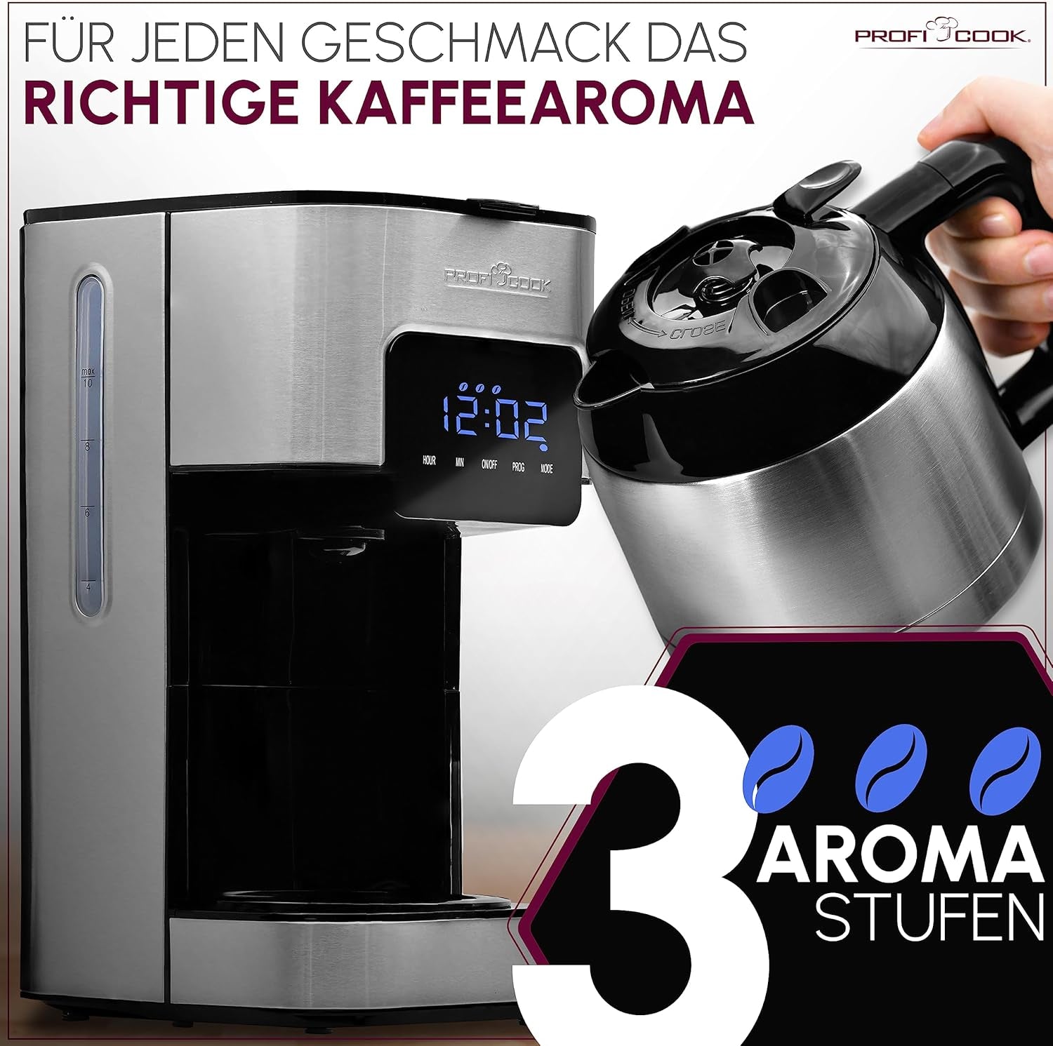 Kávovar Profi Cook | 8-10 šálků | Časovač | Senzorové dotykové ovládání | Termoska s dvojitou stěnou 1,2 litru | Chuťová pečeť | Nerezový kávovar s filtrem | PC-KA 1191