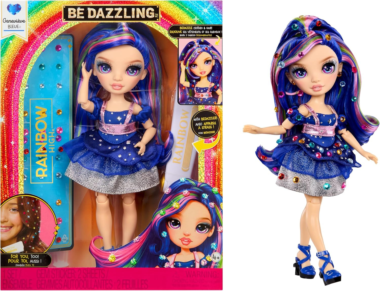 Rainbow High Be Dazzling - Genevieve Bleue - 28 cm modrá módní panenka s nástrojem na zdobení, třpytivými drahokamy a stylingovými doplňky