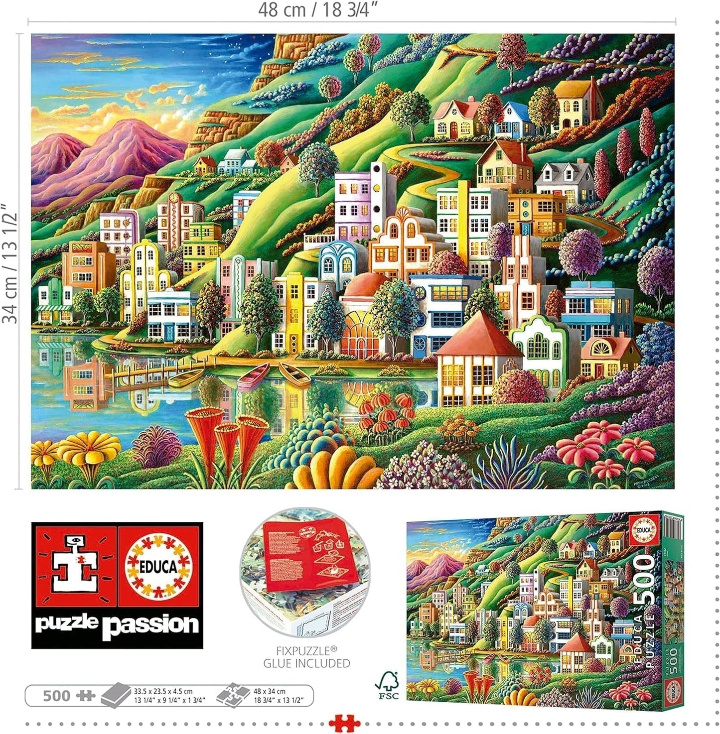 Educa - Puzzle 500 dílků pro dospělé | Barevná vesnice u jezera, puzzle 500 dílků pro dospělé a děti od 11 let, puzzle na šířku, ilustrace (19552) Puzzle Naty Shop