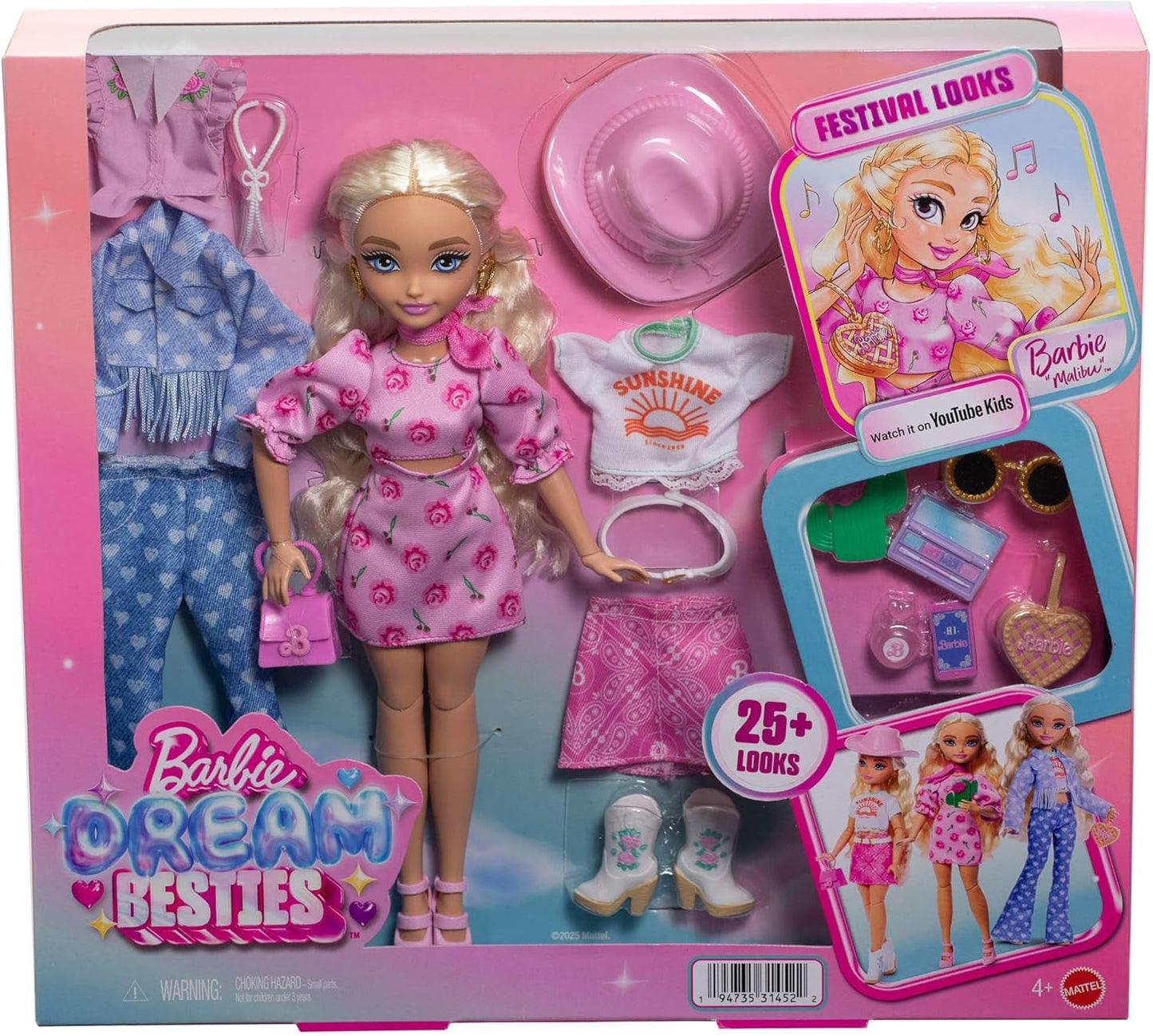 Sada Barbie Dream Besties Festival Looks s panenkou Barbie Malibu s dlouhými blond vlasy pro styling a více než 10 odnímatelnými oděvy a doplňky, JGH87