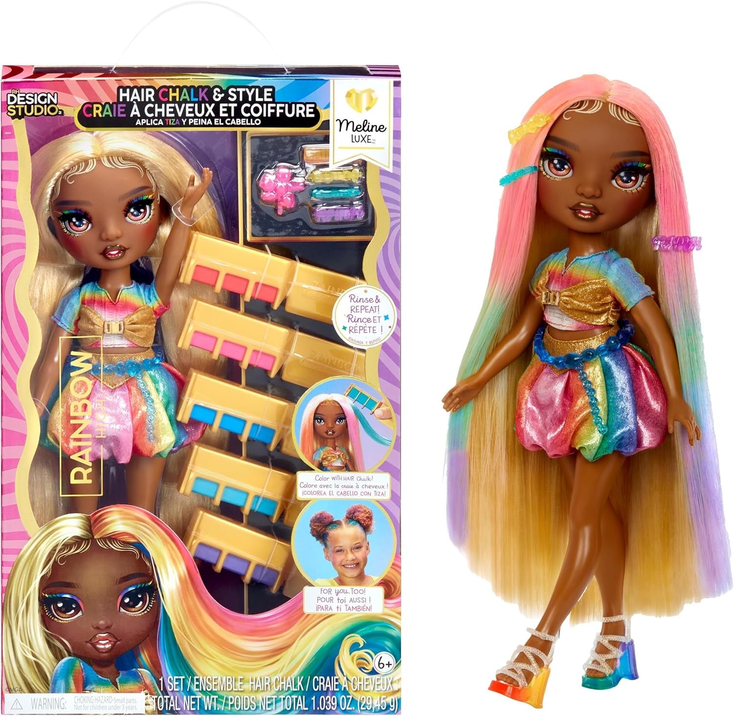 Panenka Rainbow High Hair Chalk & Styling - Meline - 28 cm duhová a zlatá omyvatelná křídová panenka do vlasů, barvení, styling, hraní, opláchnutí a opakování, pro děti ve věku 4-12 let