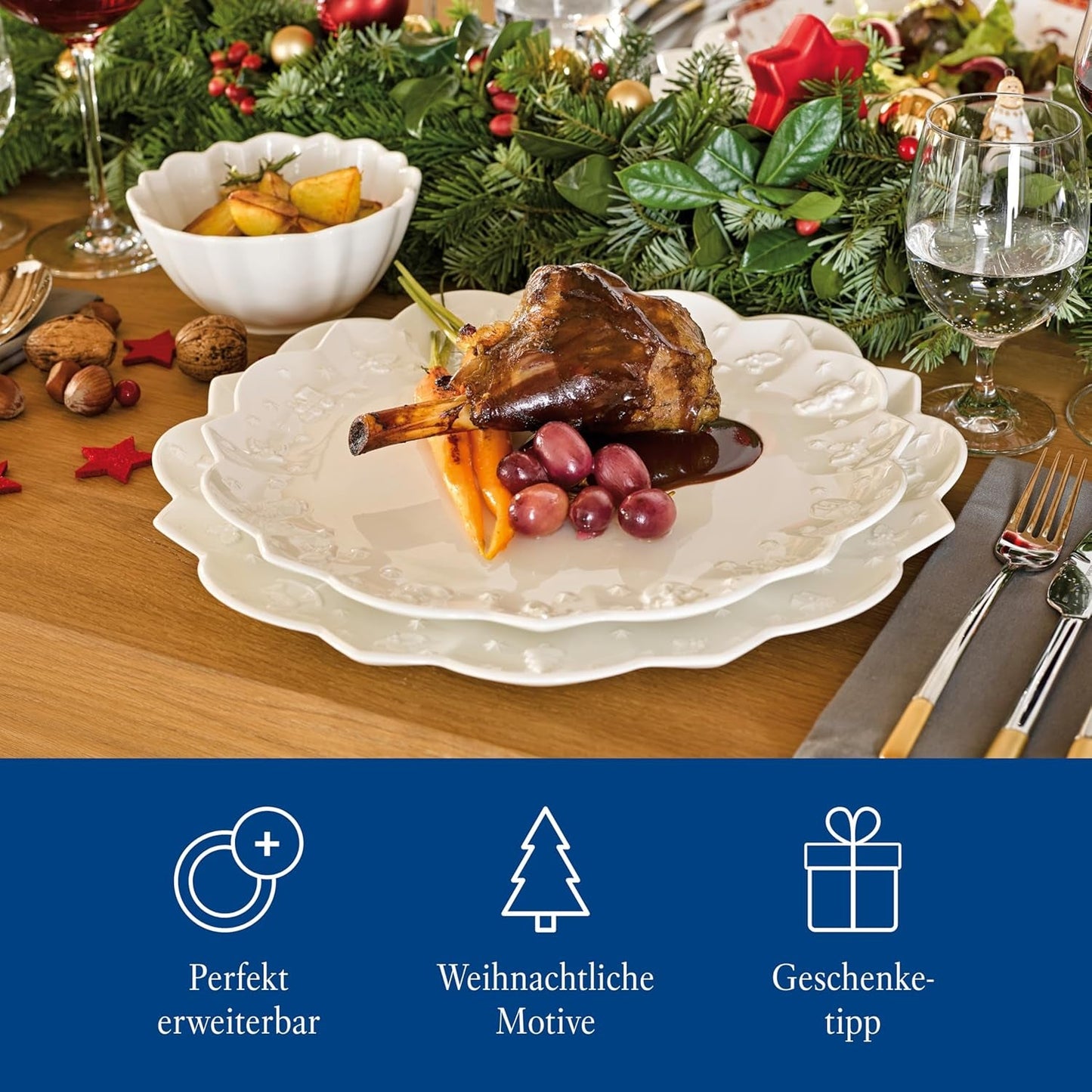 Villeroy & Boch Toy's Delight Royal Classic 8dílná sada nádobí, vhodné do myčky a mikrovlnné trouby, bílé, talíře, sada nádobí pro 4 osoby, vánoční nádobí, hračky, prémiový porcelán