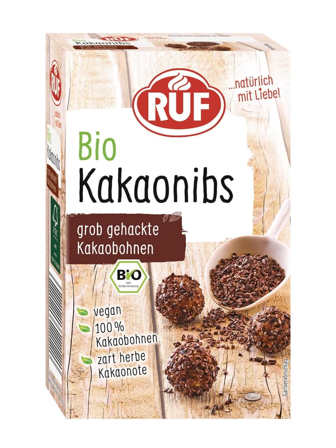 RUF kakaový prášek v bio kvalitě, 125 gramů kakaa a horké čokolády Naty Shop kakaové hroty 150 gramů