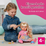 BABY born Carla - 43 cm panenka - kvalitní blond vlasy s pramínky - nejsou potřeba baterie - vhodné pro děti od 4 let - obsahuje 7 doplňků, růžová