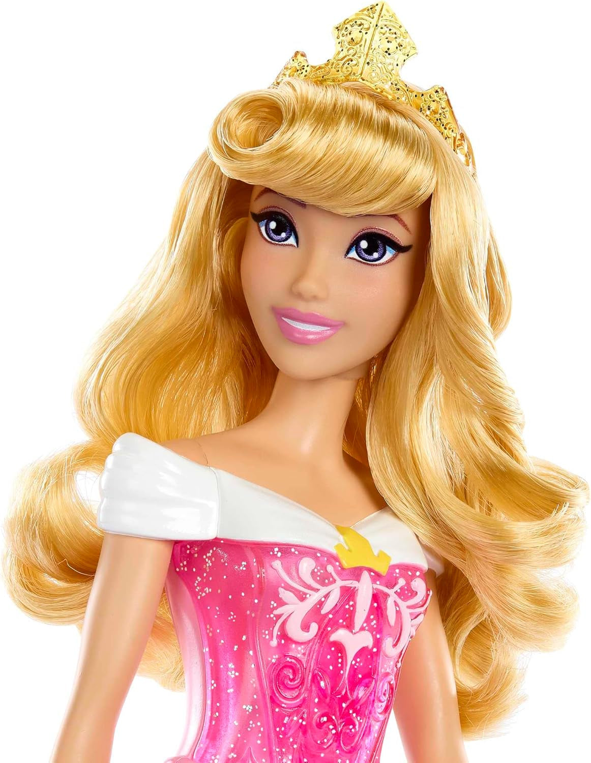 Mattel DISNEY Princess Aurora – panenka s ikonickým outfitem, odnímatelné boty a diadém, třpytivý top a odepínatelná vzorovaná sukně, dlouhé vlasy pro styling, HLW09