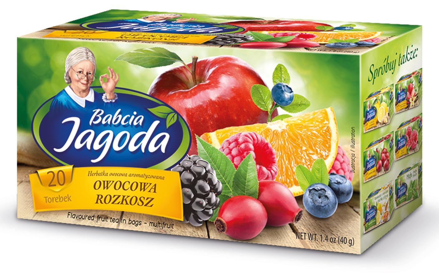 Babcia Jagoda - Ovocný čaj "Fruchtige Verführung" - 20 čajových sáčků - S ibiškem, jablkem, aronie, ostružinou, šípky, pomerančovou kůrou - Intenzivní ovocná chuť, bez kofeinu, vegan, přírodní, Cay - 40G