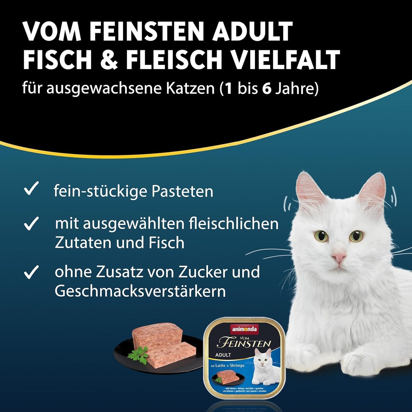 animonda Vom Feinsten Adult Fish & Meat Variety (32 x 100 g), vlhké krmivo pro dospělé kočky, krmivo pro kočky bez obilovin a cukru, jemné placičky na kousky