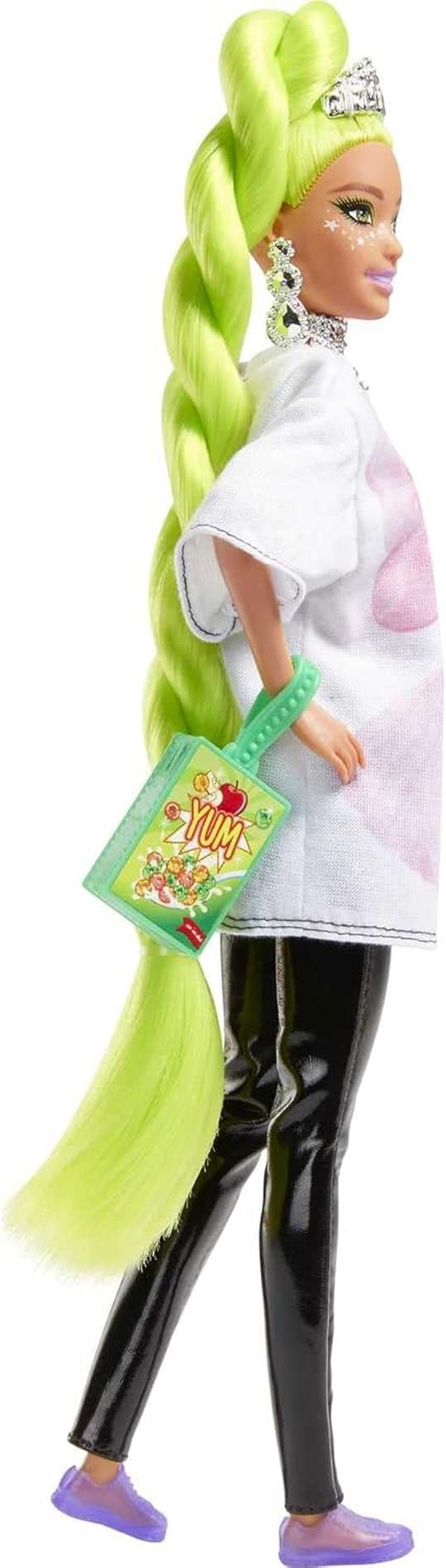 Barbie HDJ44 - Extra Puppe #11 v širokém tričku a legínách s Haustier Papagei, extra langes neogrünes Haar & Zubehör, Flexible Gelenke, Spielzeug Geschenk für Kinder ab 3 Jahren