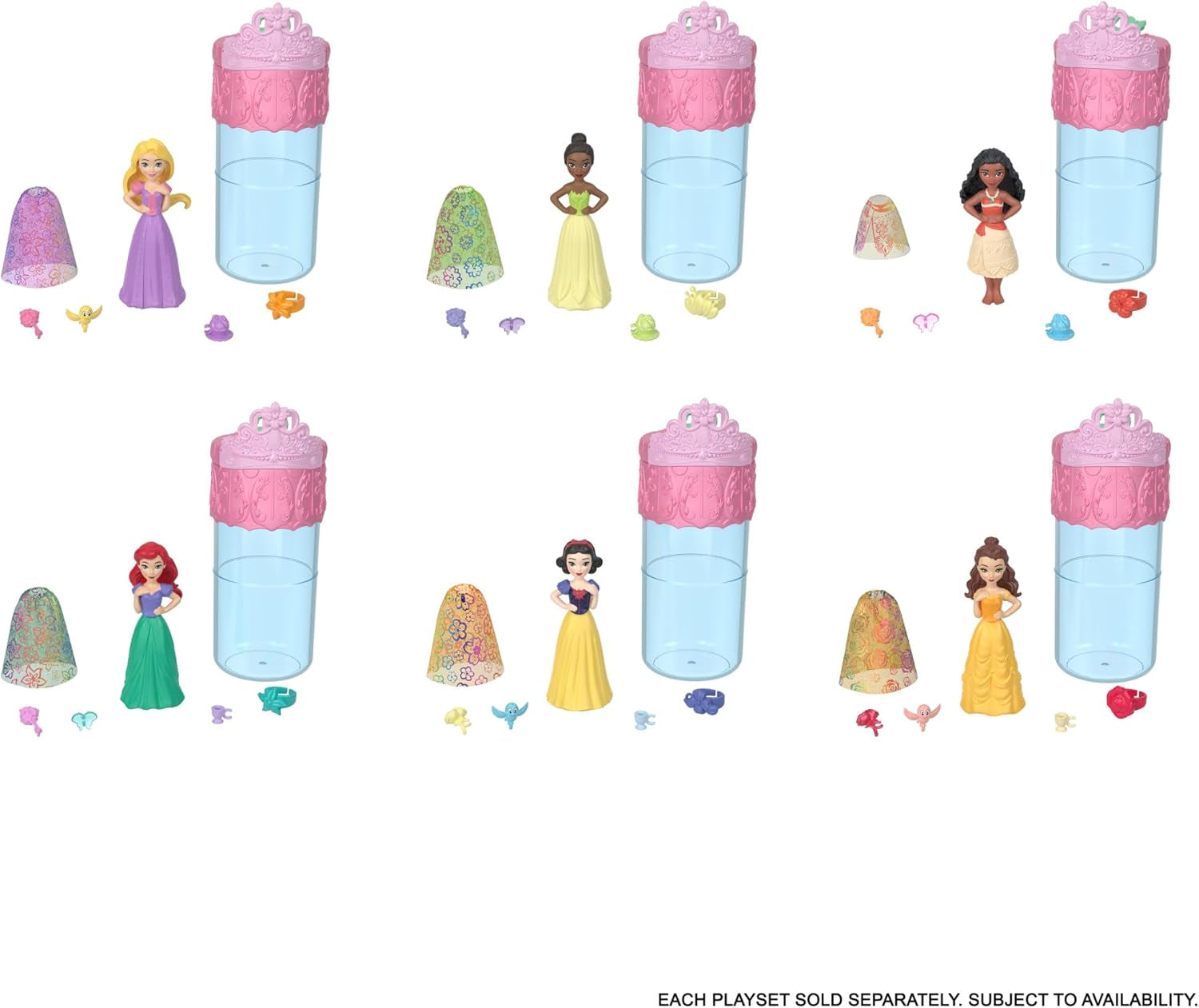 Malá panenka Mattel Disney Princess Royal Color Reveal se 6 překvapeními, včetně vonného prstenu a 4 doplňků (panenky se mohou lišit), série Garden Party HRN63