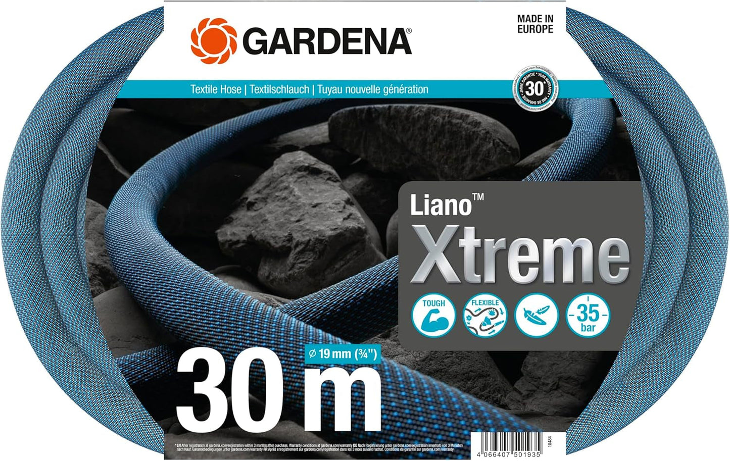 Gardena Liano Xtreme 3/4 palce, sada 30 m: Extrémně robustní textilní zahradní hadice s PVC vnitřní hadicí, lehká, odolná proti povětrnostním vlivům (18484-20), vícebarevná